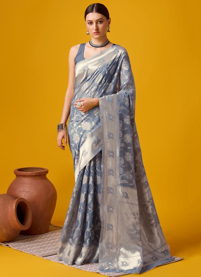 Cotton Grey Festival Wear Floral Print Saree